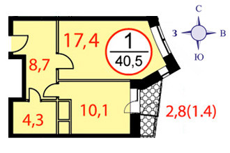 Однокомнатная квартира 40.5 м²