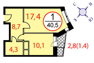 Однокомнатная квартира 40.5 м²