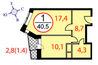 Однокомнатная квартира 40.5 м²